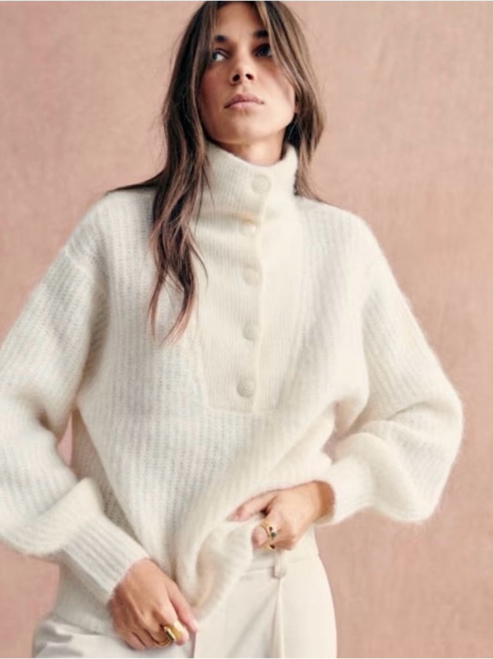 Sézane Micky Baby Alpaca Ribbed Henley Polo Sweater Women's Small Cream Chic Fit